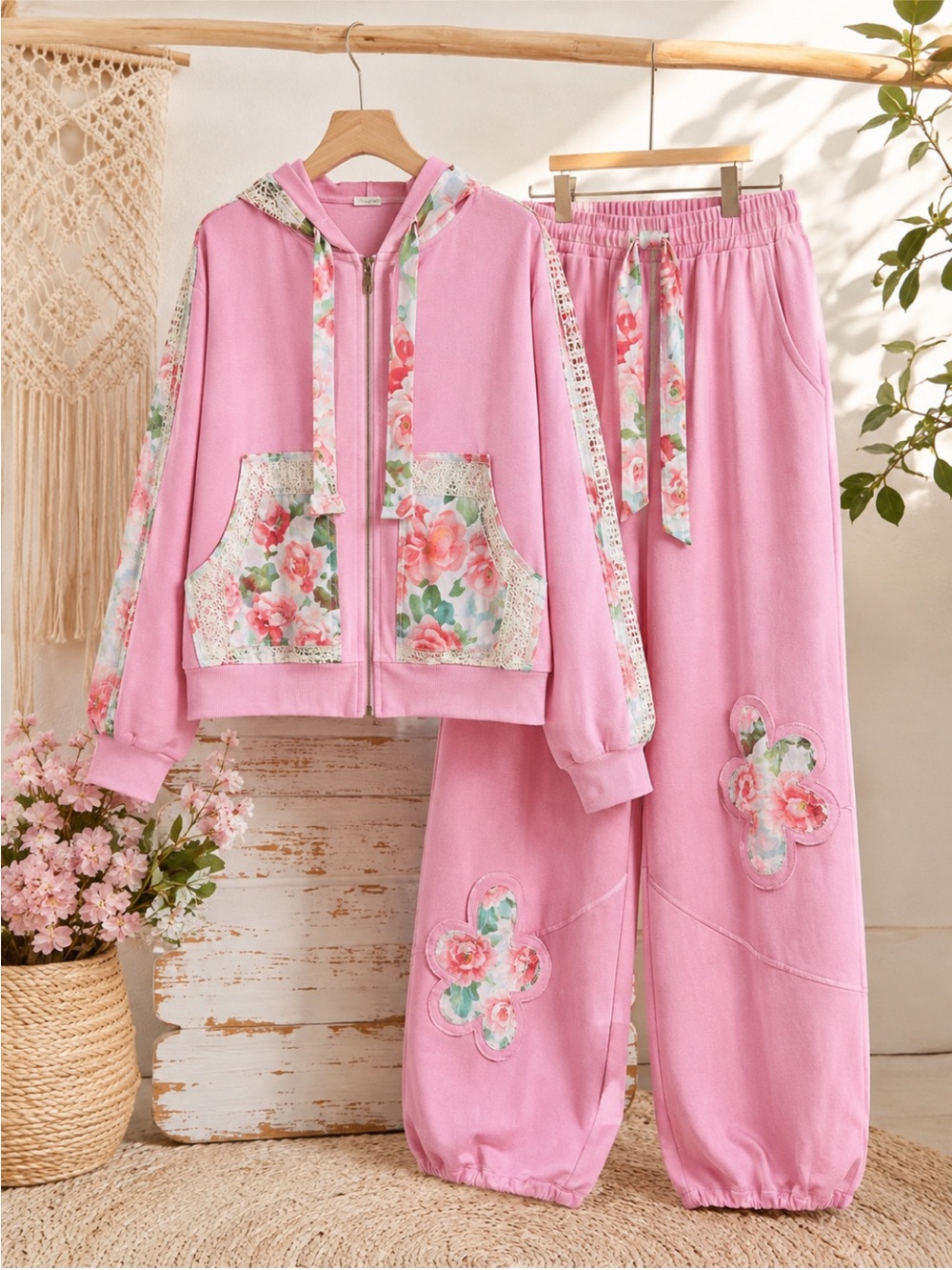 POL Pink Floral Patchwork Wide Leg Pants & Zip-Up Hoodie Set - Picture 2 of 5